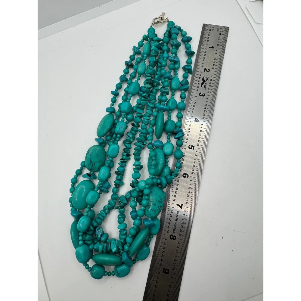Turquoise Stone Multi Strand Statement Necklace and Dangle Earring Set Boho Vtg